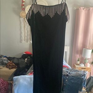 Zara green velvet Dress with Beaded Detailing rhinestone fringe